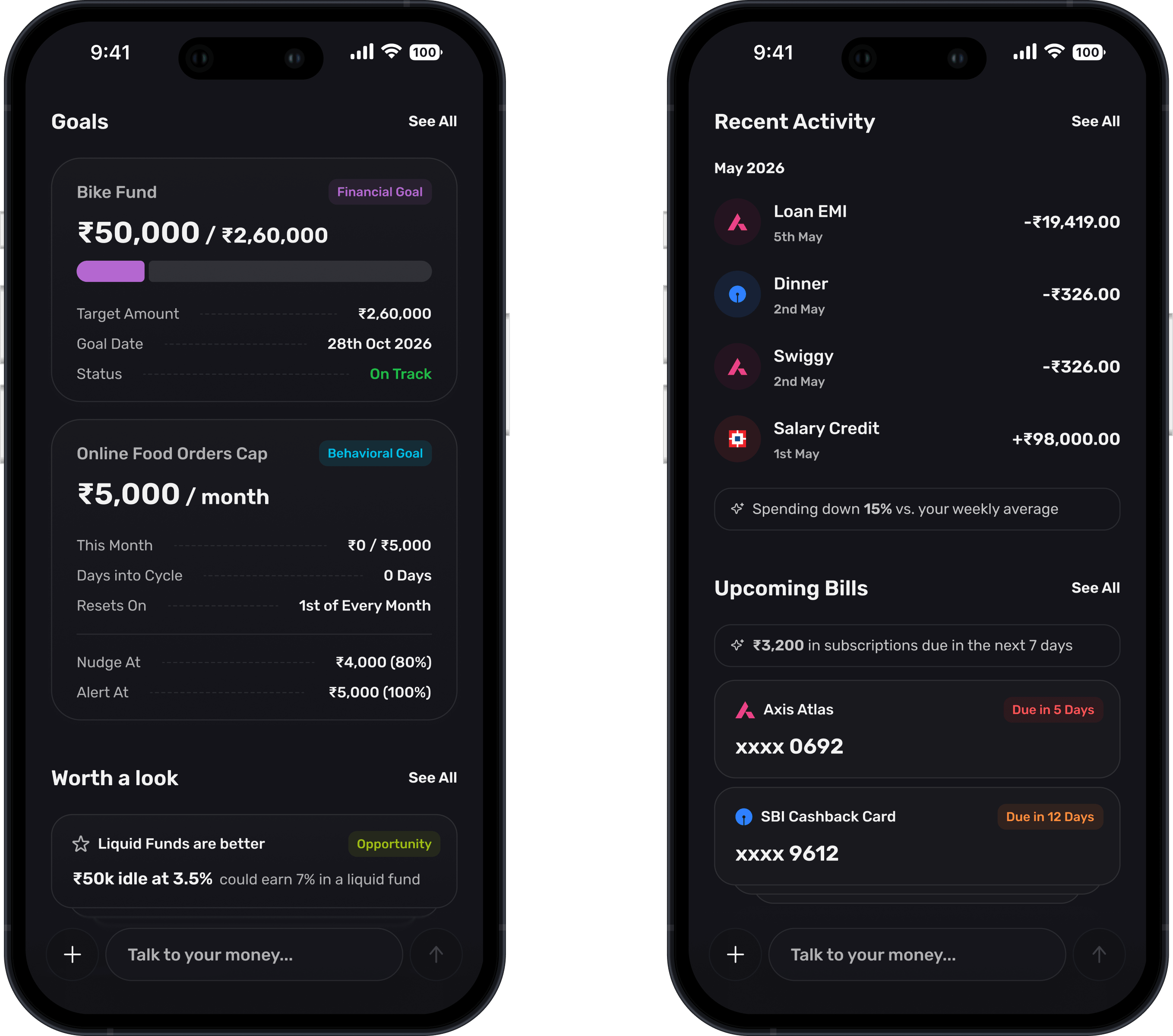 Two screens of the goals view: the bike fund and food-orders cap with a worth-a-look opportunity, and recent activity with upcoming bills