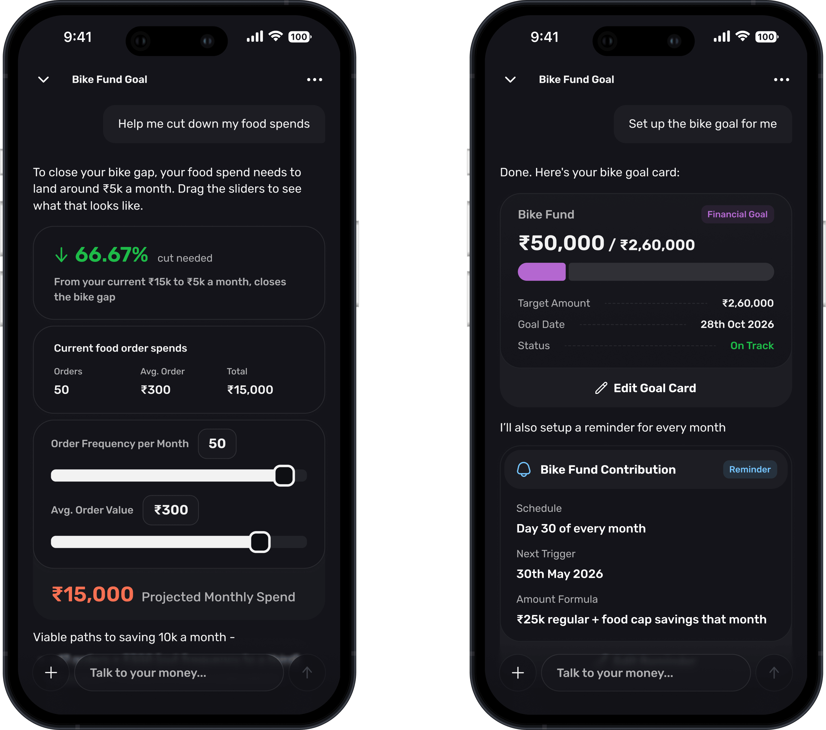 Two screens of the bike fund calculator: sliders to model cutting food orders, and the finished goal card with a monthly contribution reminder